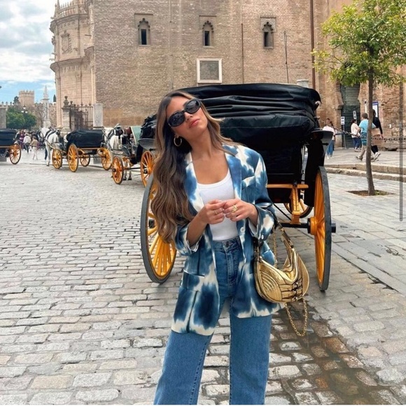 ZARA • Satin Effects Stylish Tie-Dye Blue & White Blazer Jacket - Picture 12 of 15